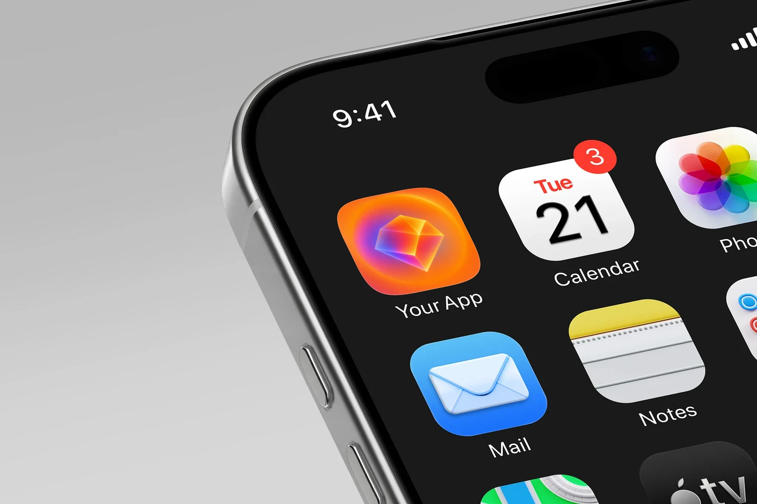 Floating faceted gem in orange, pink, purple and blue gradients against an orange background with a circular glow. shown on an iPhone home screen