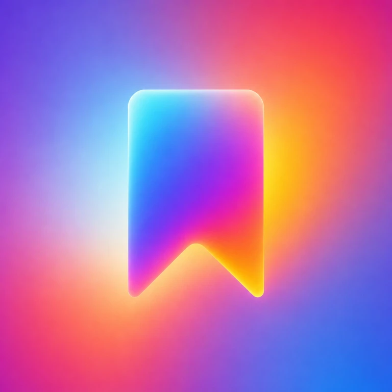 Rounded bookmark ribbon with a pointed notch, rainbow gradient, and soft glow on a blurred multicolor background