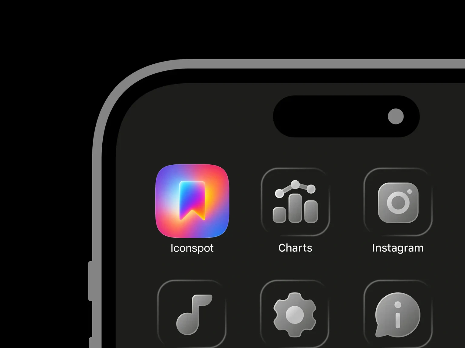Rounded bookmark ribbon with a pointed notch, rainbow gradient, and soft glow on a blurred multicolor background shown in an iPhone app grid