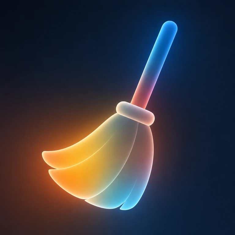 Rounded broom with rainbow-gradient bristles, a blue handle, and a soft glow on a dark navy background