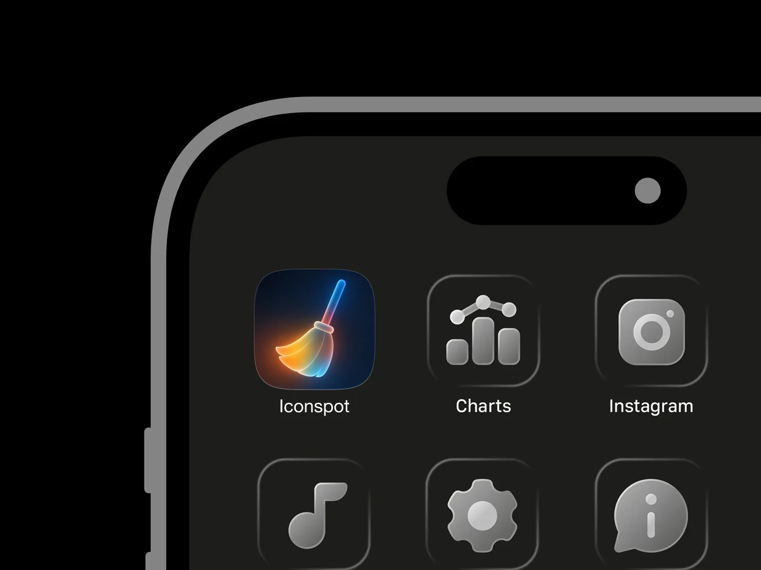 Rounded broom with rainbow-gradient bristles, a blue handle, and a soft glow on a dark navy background shown in an iPhone app grid