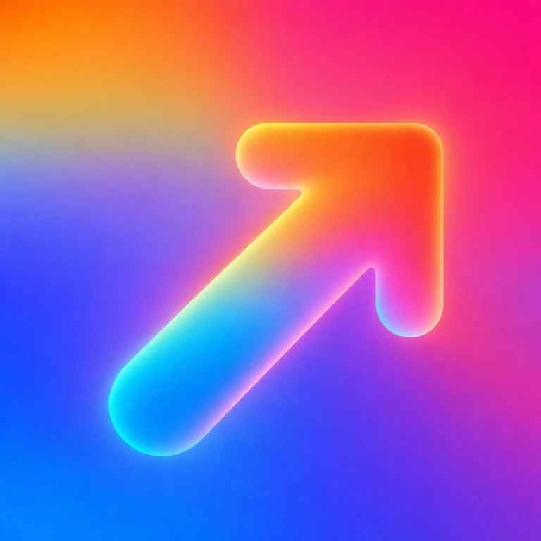 Rounded glowing arrow pointing toward the upper right on a pink, orange, blue, and purple gradient background