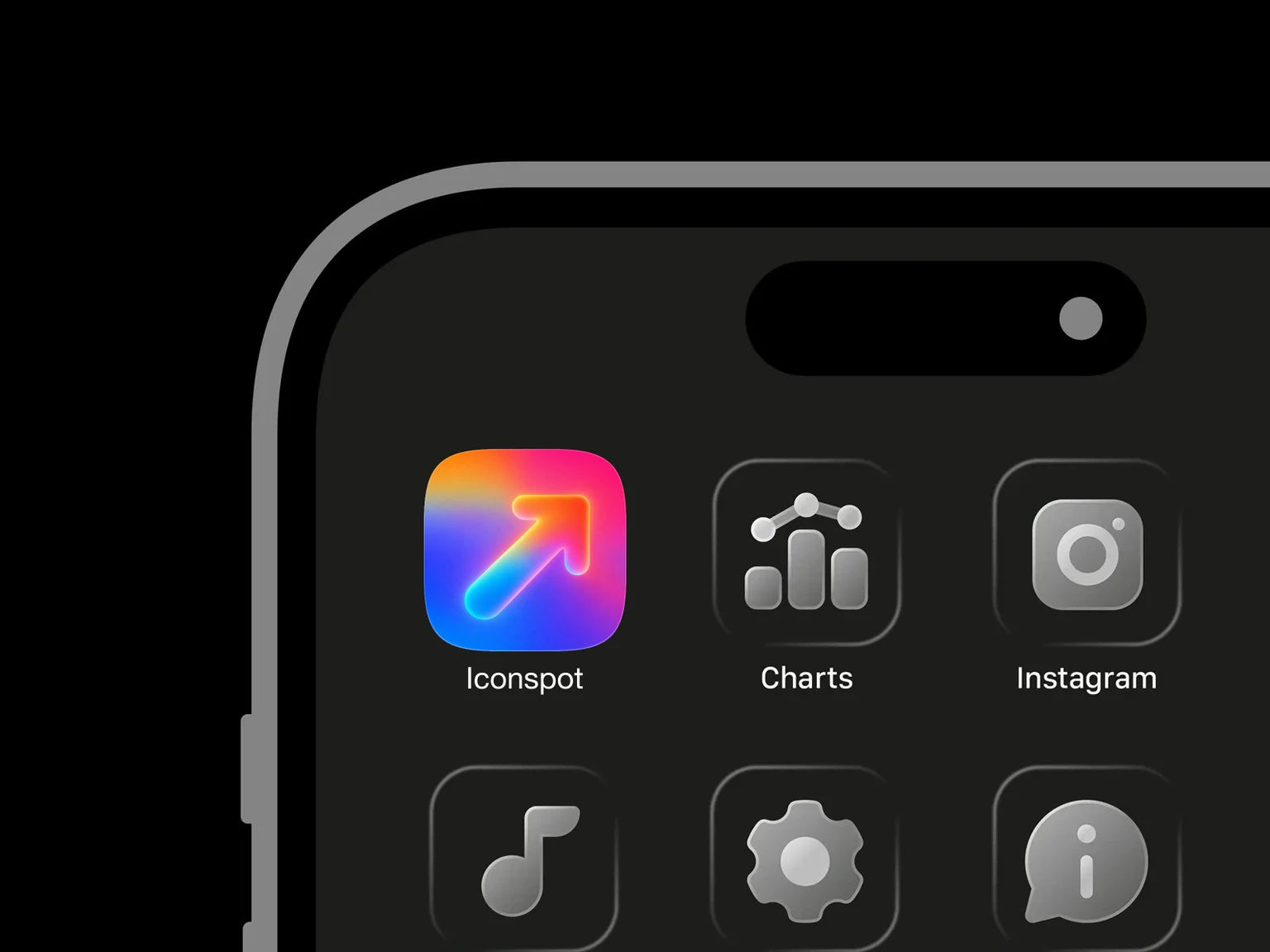 Rounded glowing arrow pointing toward the upper right on a pink, orange, blue, and purple gradient background shown in an iPhone app grid