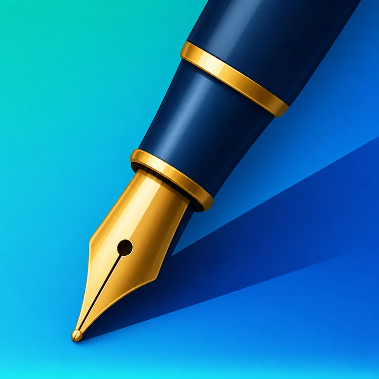 Gold fountain pen nib and glossy navy barrel angled across a geometric cyan and blue background.