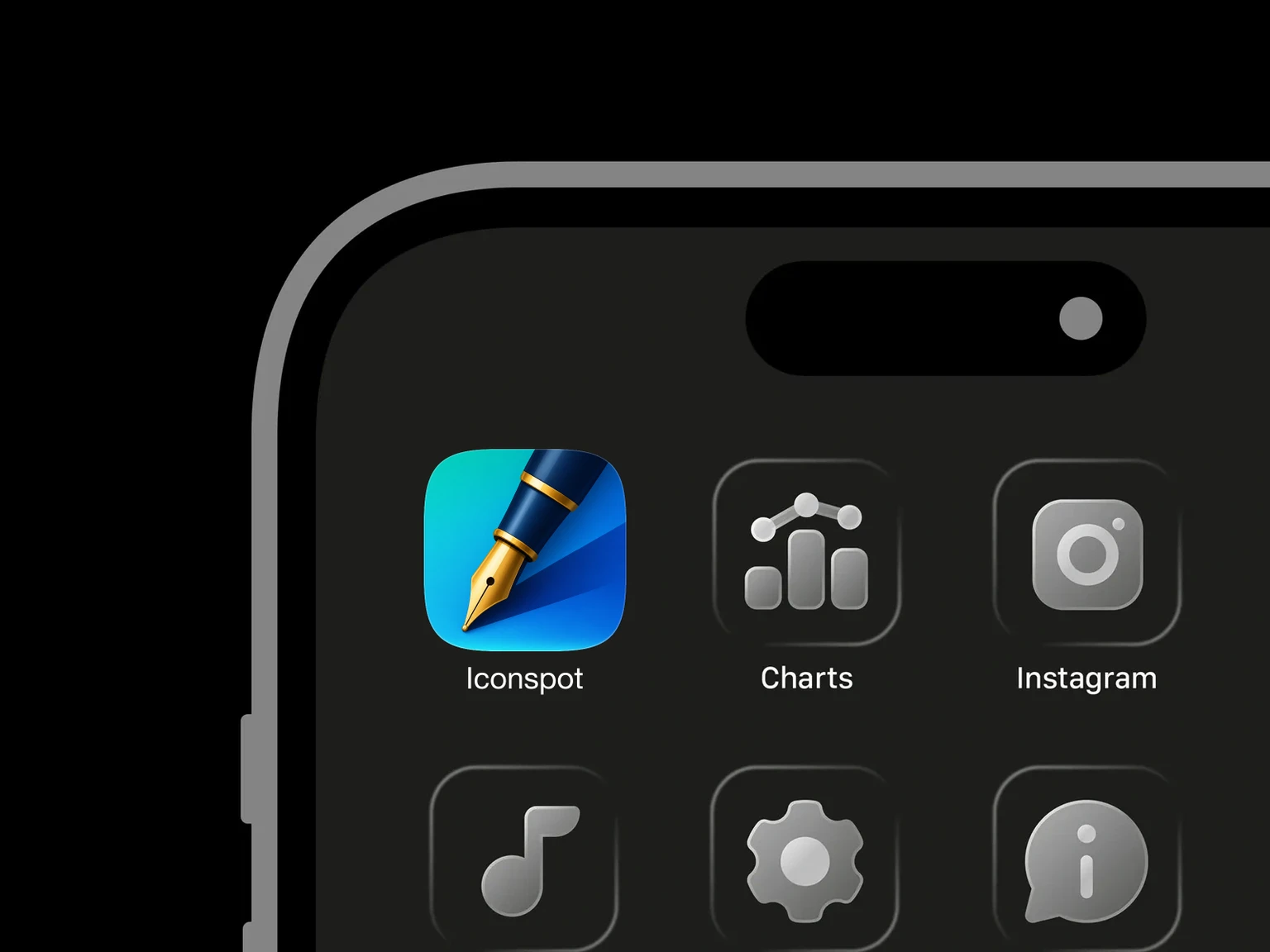 Gold fountain pen nib and glossy navy barrel angled across a geometric cyan and blue background. shown in an iPhone app grid