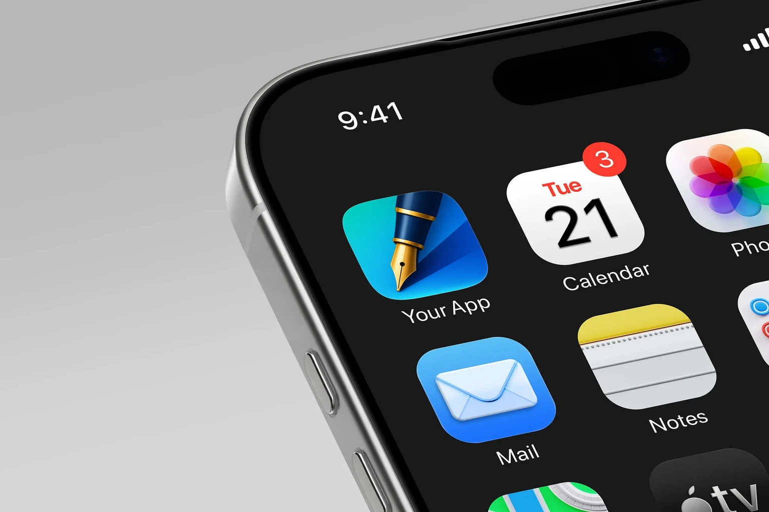 Gold fountain pen nib and glossy navy barrel angled across a geometric cyan and blue background. shown on an iPhone home screen