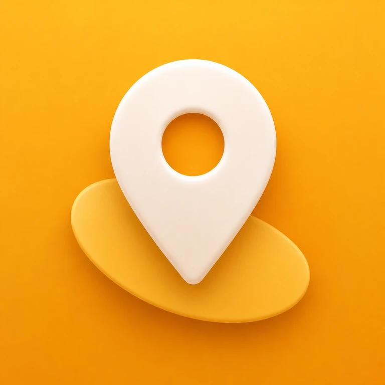 Large soft-white location pin with circular opening over a golden oval on an amber background