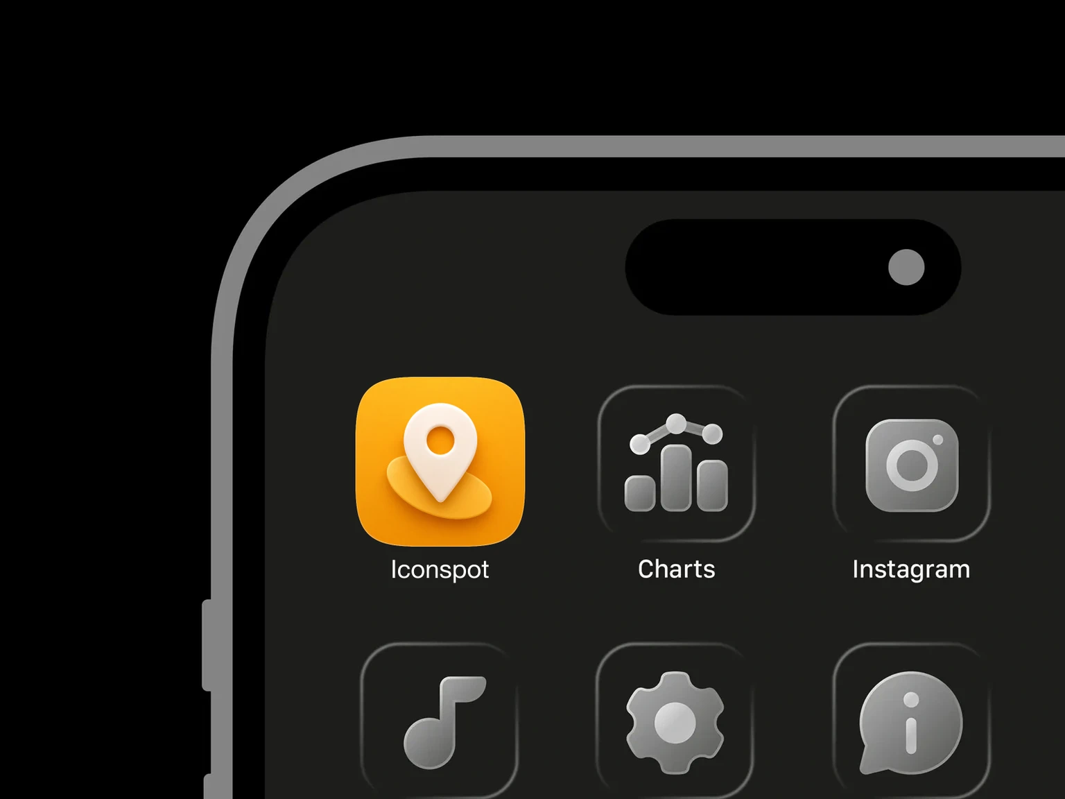 Large soft-white location pin with circular opening over a golden oval on an amber background shown in an iPhone app grid