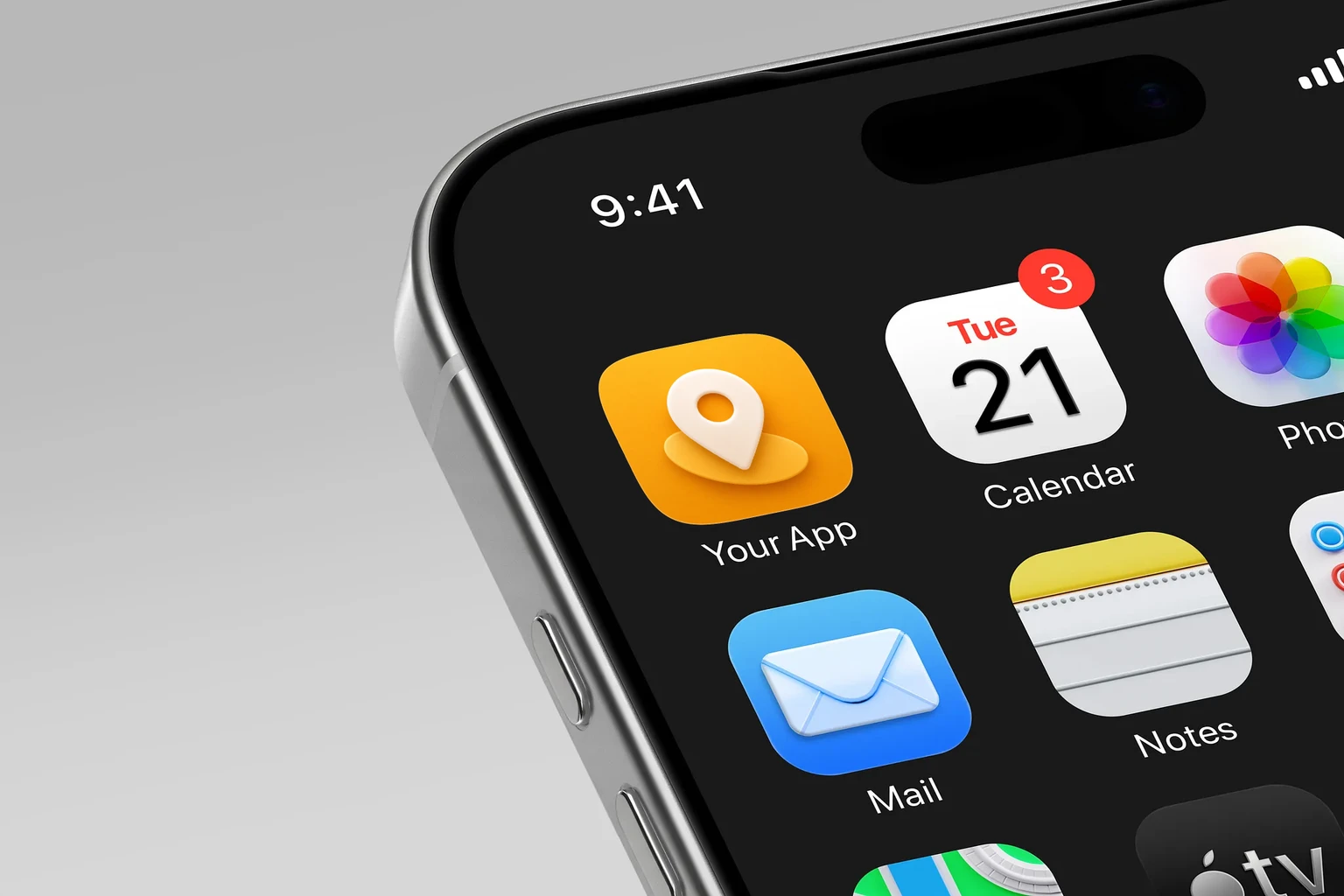 Large soft-white location pin with circular opening over a golden oval on an amber background shown on an iPhone home screen