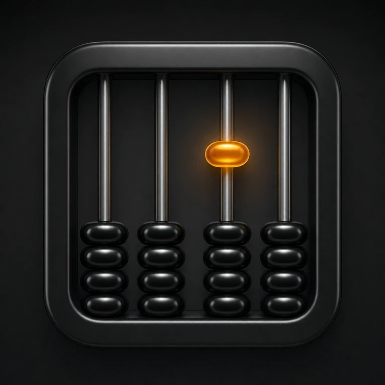 Rounded black abacus with four vertical silver rails, rows of black beads at the bottom, and one glowing amber bead raised on the third rail.