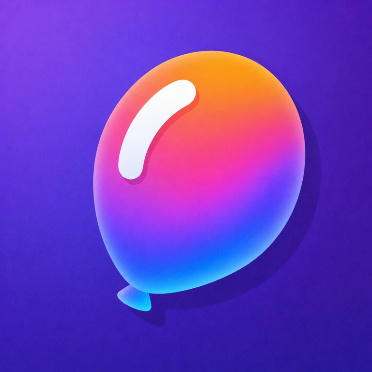 Glossy pink, orange, blue, and purple balloon with a white curved highlight on a purple background.