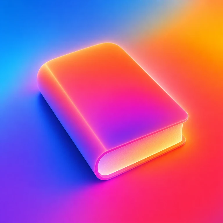 Closed 3D hardcover book with glowing pink, purple, orange, and blue gradient lighting and cream-colored pages.