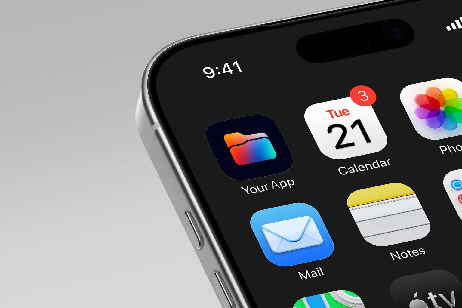Rounded file folder silhouette with an orange, red, blue, and cyan gradient on a dark navy background shown on an iPhone home screen
