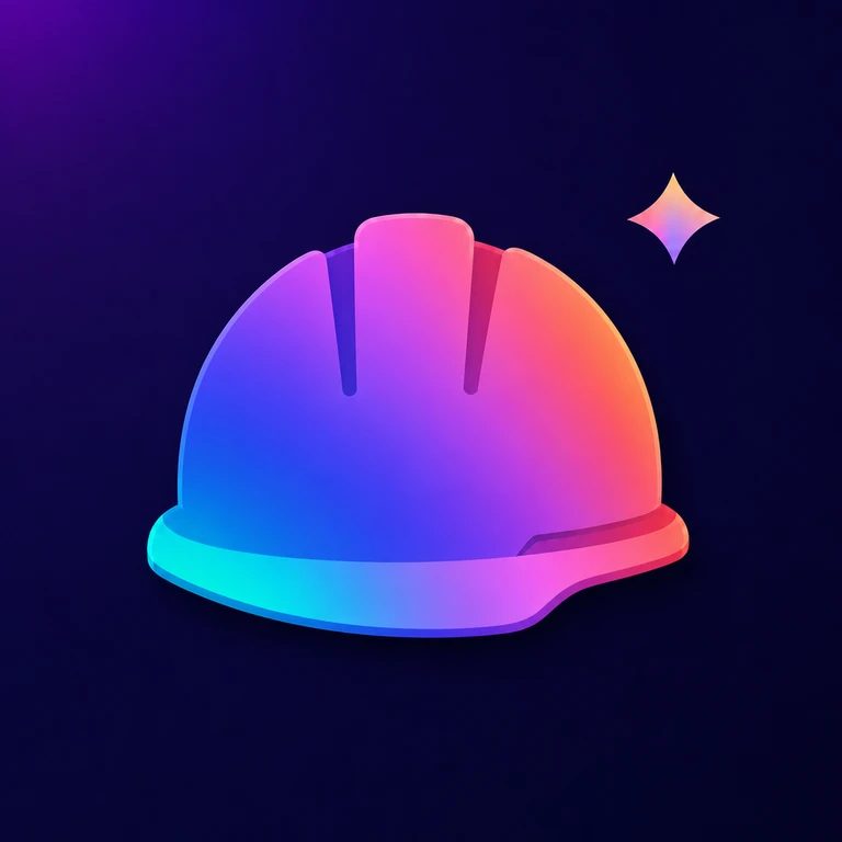 Glossy cyan, purple, pink, and orange hard hat with a wide brim and a small sparkle on a dark navy background