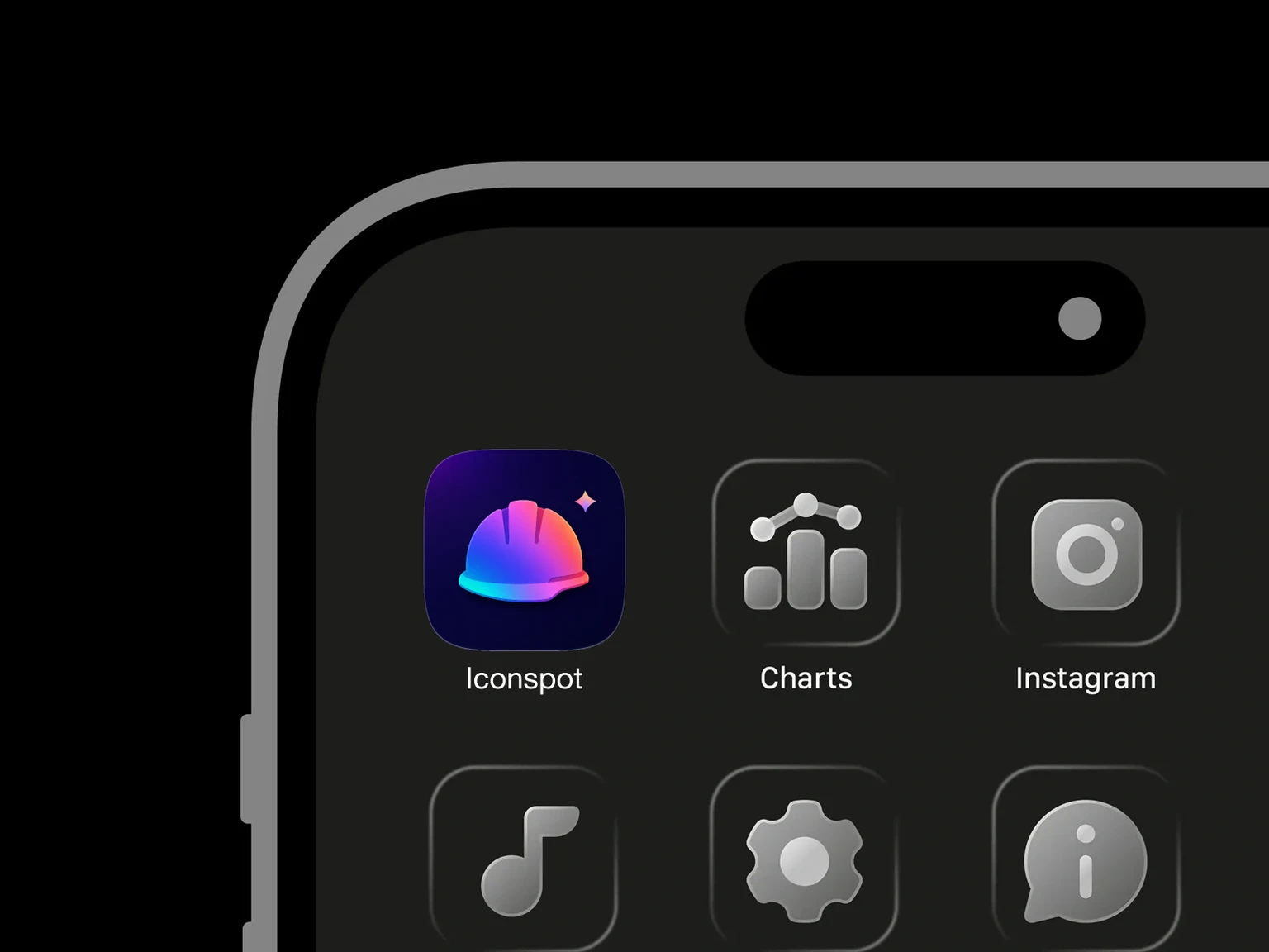 Glossy cyan, purple, pink, and orange hard hat with a wide brim and a small sparkle on a dark navy background shown in an iPhone app grid
