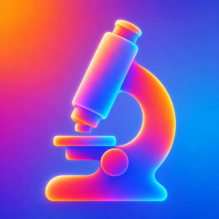 Glowing 3D microscope in orange, pink, cyan, and blue gradients on a colorful background