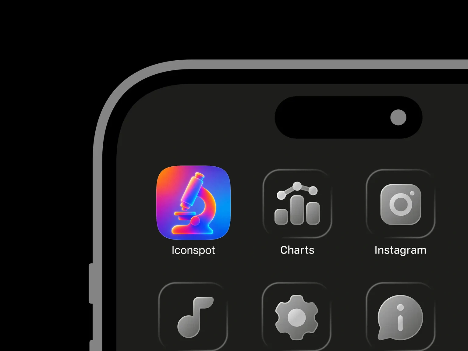 Glowing 3D microscope in orange, pink, cyan, and blue gradients on a colorful background shown in an iPhone app grid