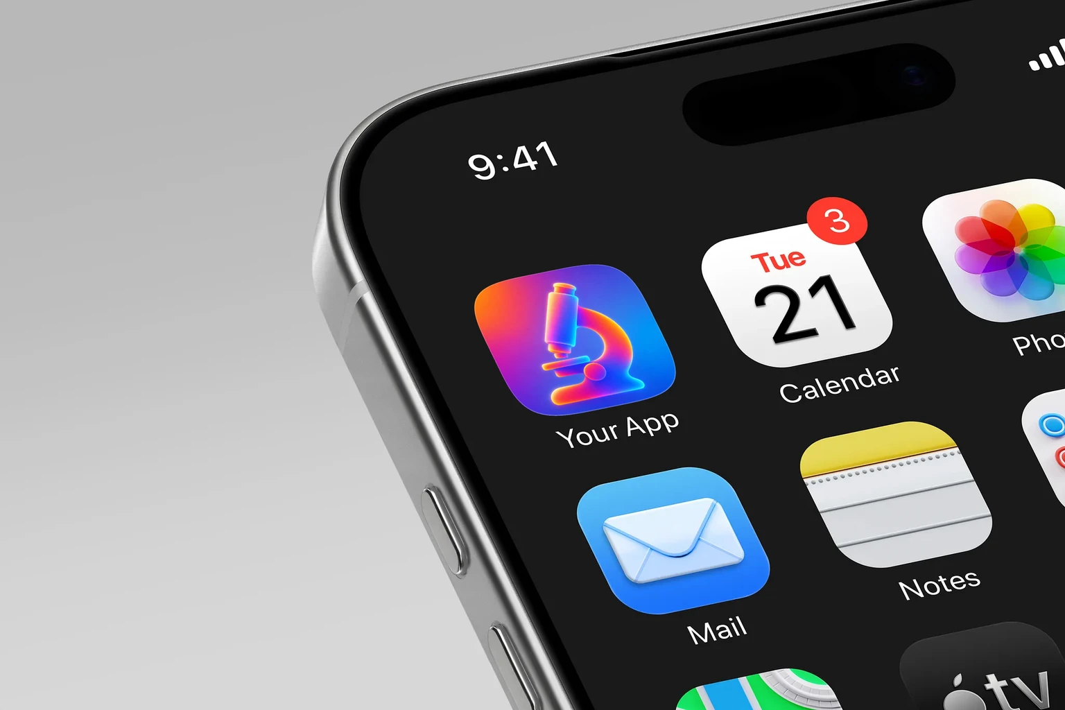 Glowing 3D microscope in orange, pink, cyan, and blue gradients on a colorful background shown on an iPhone home screen