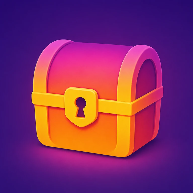 Rounded pink and orange treasure chest with yellow bands, a central keyhole, and a purple background