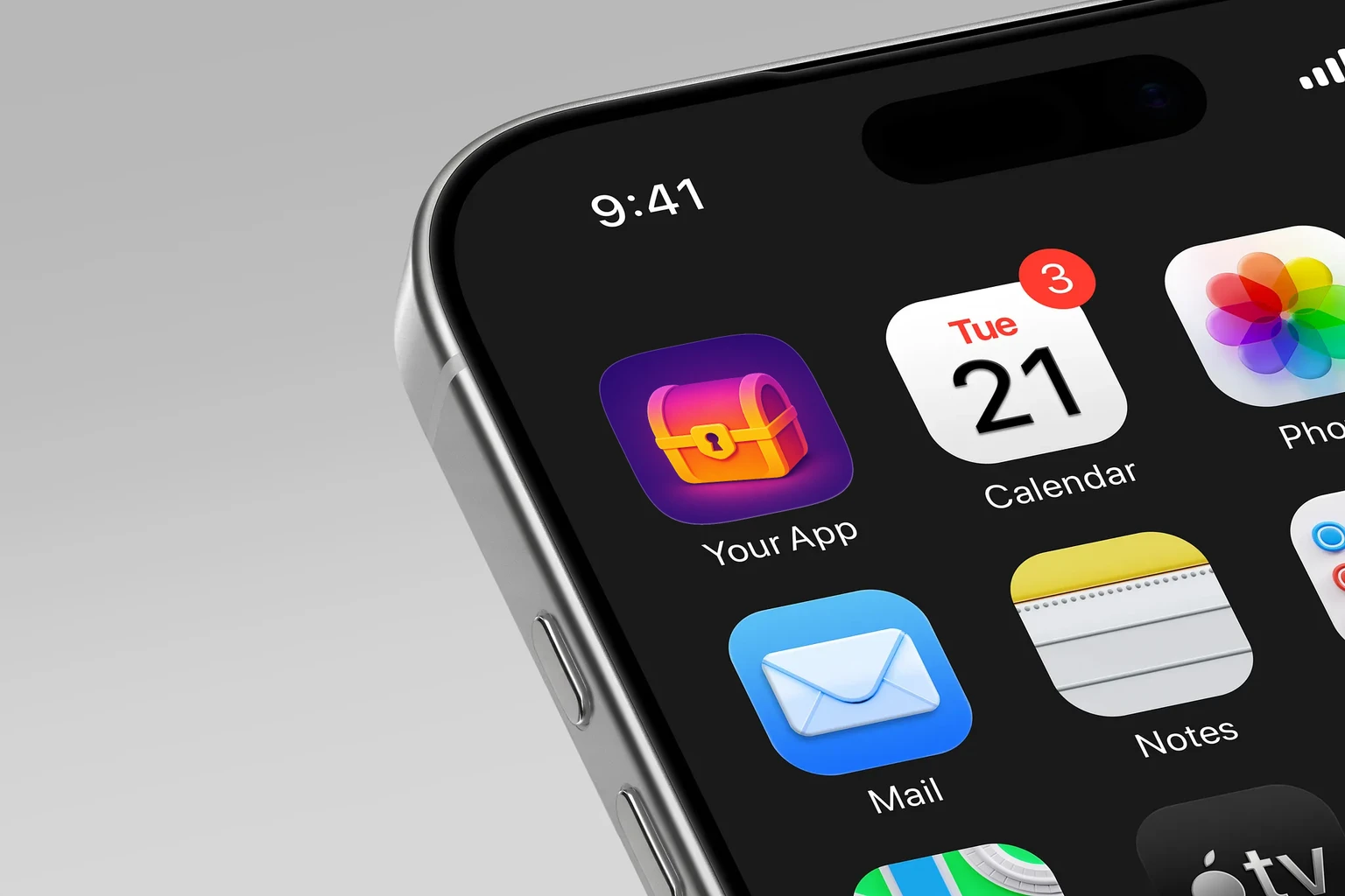 Rounded pink and orange treasure chest with yellow bands, a central keyhole, and a purple background shown on an iPhone home screen