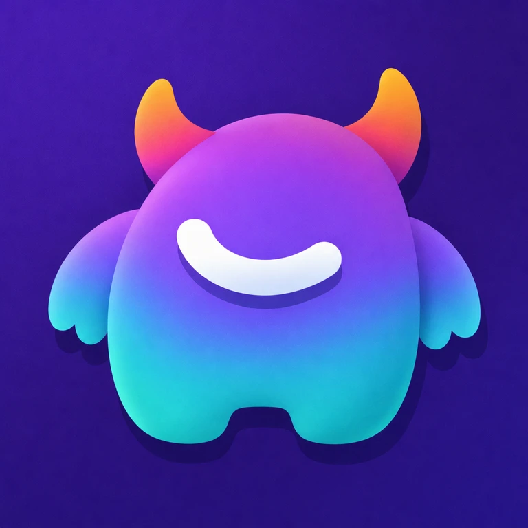 Rounded purple monster with orange horns, aqua wings, short legs, and a white curved smile on a violet background