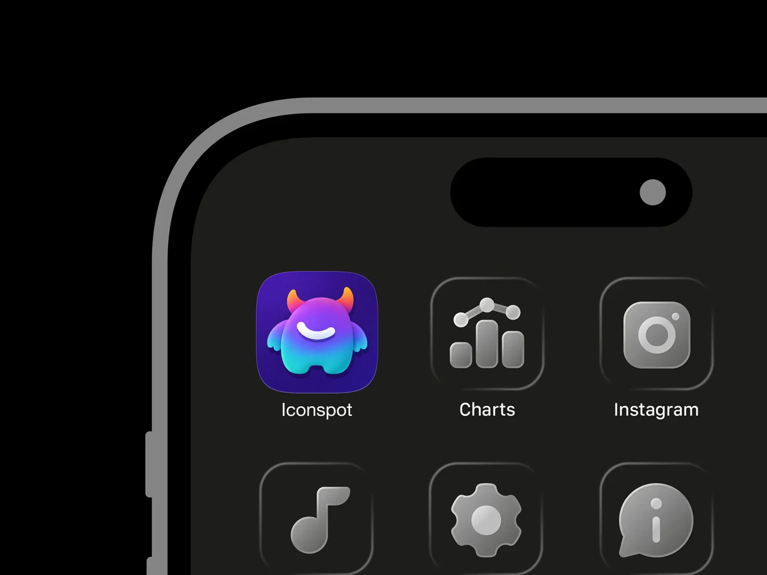 Rounded purple monster with orange horns, aqua wings, short legs, and a white curved smile on a violet background shown in an iPhone app grid