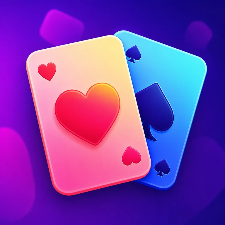 Two overlapping rounded playing cards with a large pink heart and blue spade on a glowing purple background