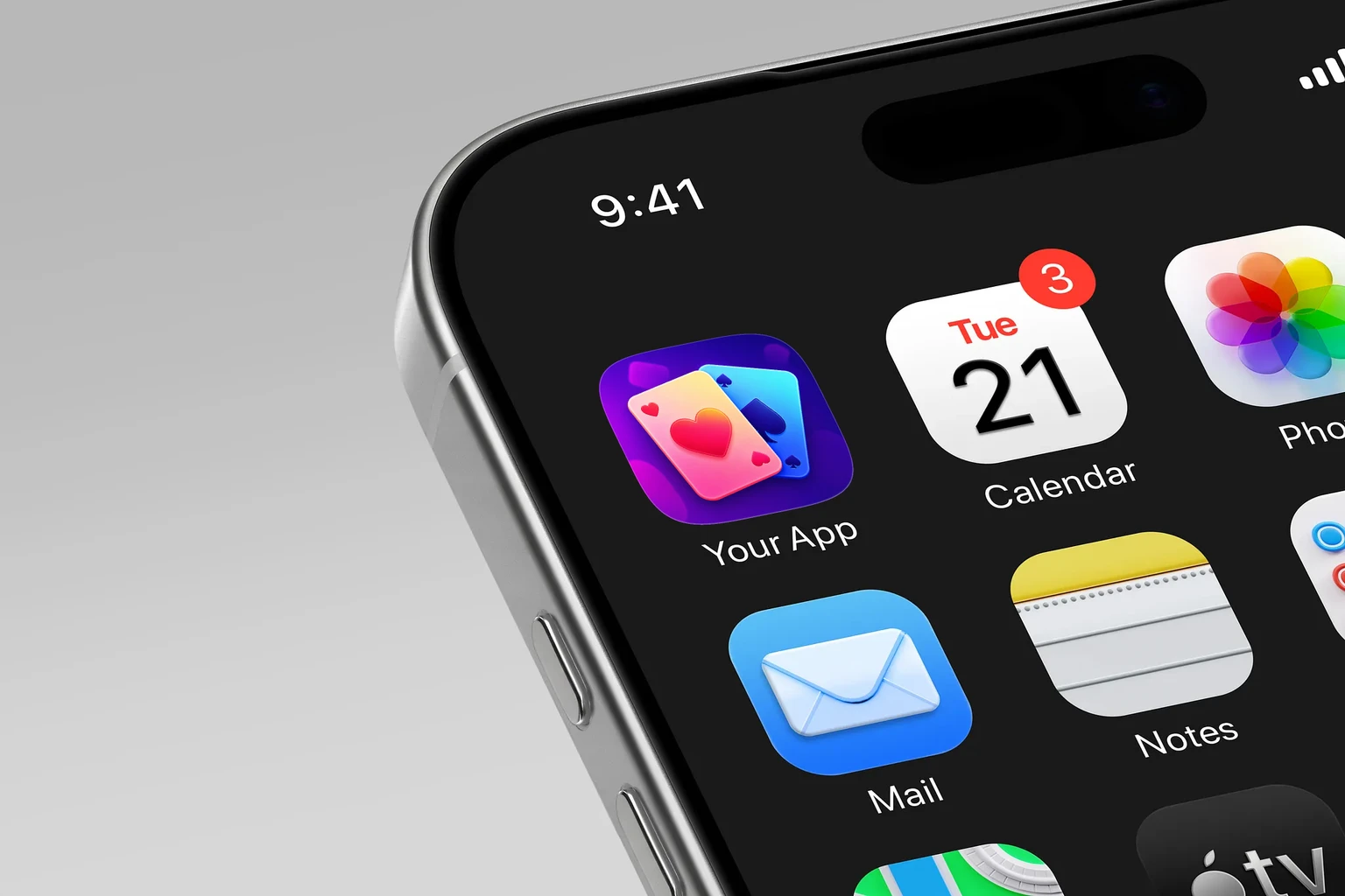Two overlapping rounded playing cards with a large pink heart and blue spade on a glowing purple background shown on an iPhone home screen