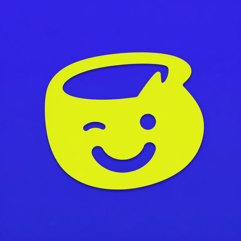 Lime-yellow rounded face with one closed eye, one round eye, a curved smile and a large top cutout on a violet background