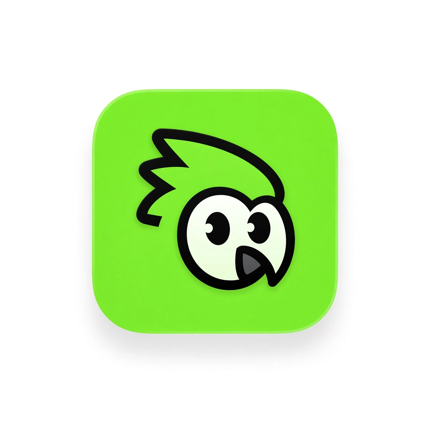 Expressive black and white bird head with curious eyes and swept crest on neon lime original presentation artwork