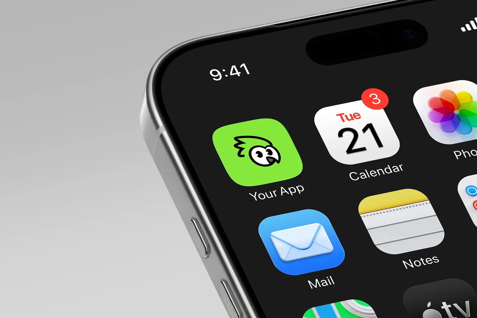 Expressive black and white bird head with curious eyes and swept crest on neon lime shown on an iPhone home screen