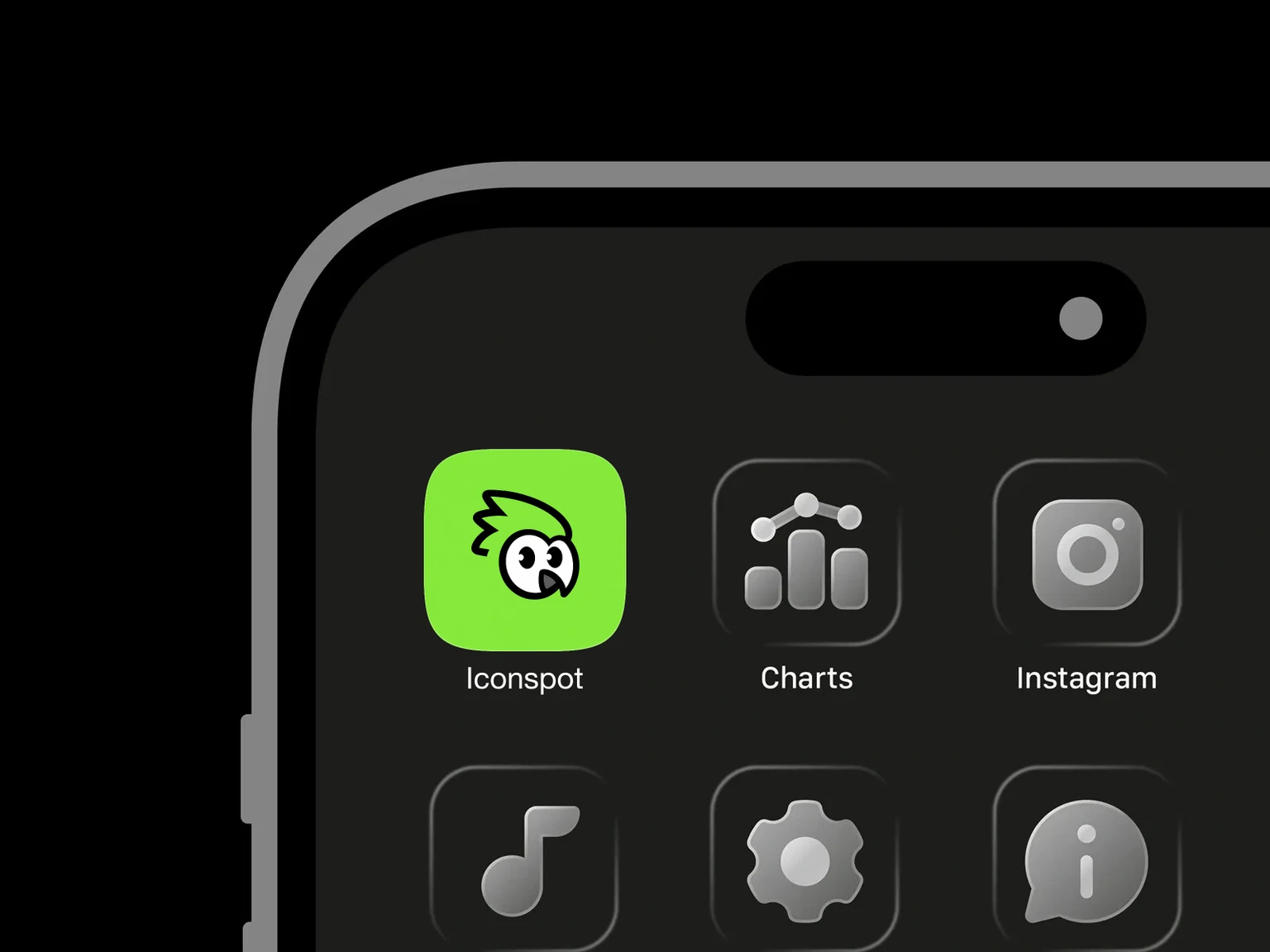 Expressive black and white bird head with curious eyes and swept crest on neon lime shown in an iPhone app grid