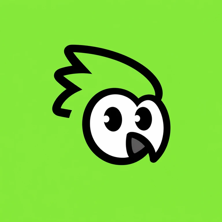 Expressive black and white bird head with curious eyes and swept crest on neon lime