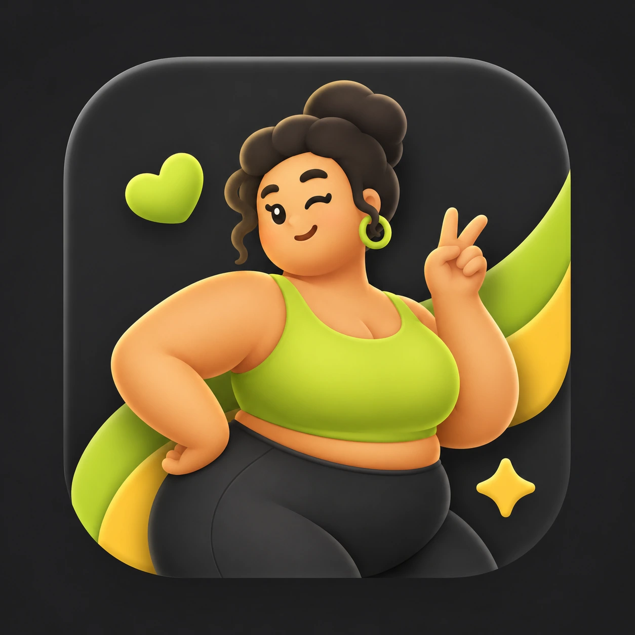 Confident plus-size woman in lime activewear making a peace sign with lime and yellow accents on charcoal original presentation artwork