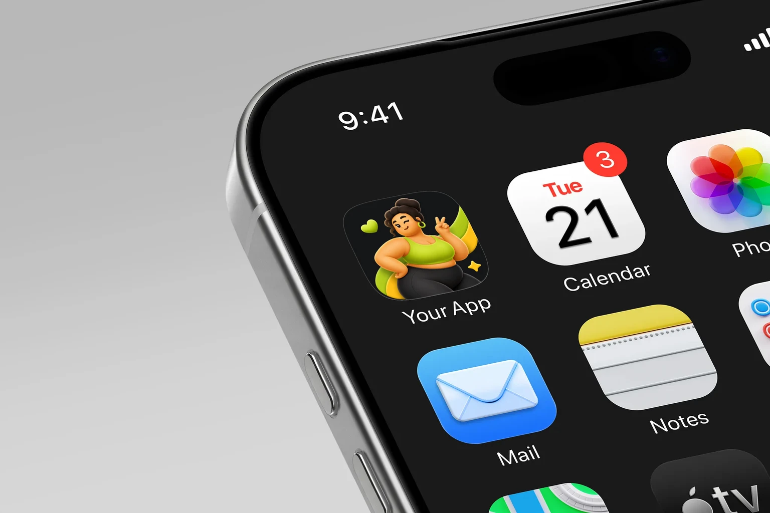 Confident plus-size woman in lime activewear making a peace sign with lime and yellow accents on charcoal shown on an iPhone home screen