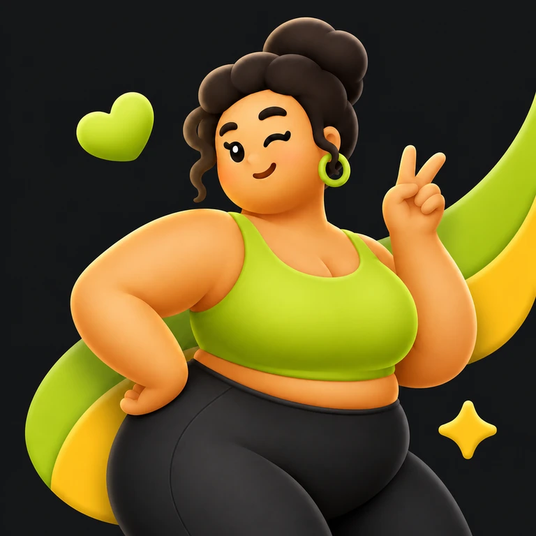 Confident plus-size woman in lime activewear making a peace sign with lime and yellow accents on charcoal