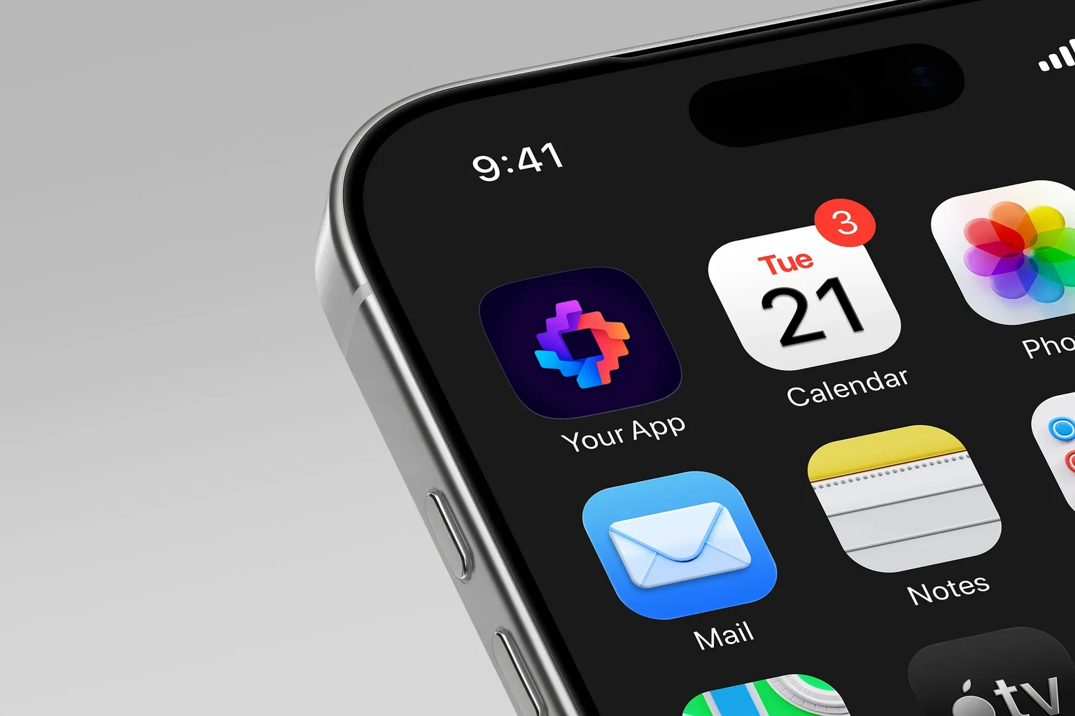 Purple, cyan-blue, and coral-orange stepped bands interlock around a dark square on a deep navy background. shown on an iPhone home screen
