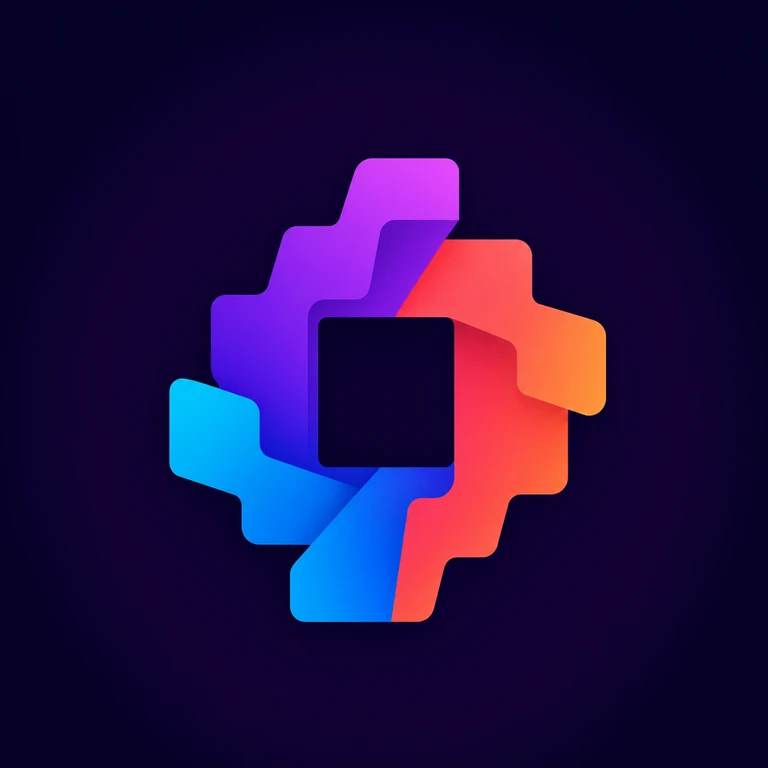 Purple, cyan-blue, and coral-orange stepped bands interlock around a dark square on a deep navy background.