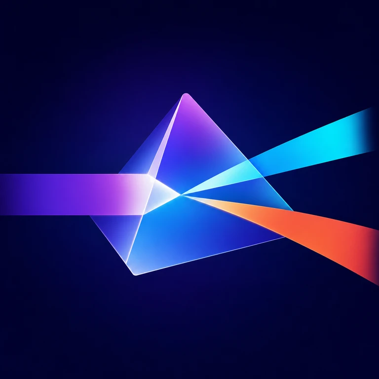Translucent blue-violet triangular prism splitting a broad violet beam into cyan and orange-red rays on a dark navy background.