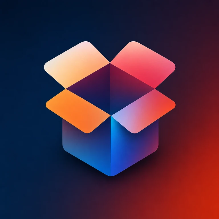 Open geometric box with four raised gradient flaps in orange, pink, red, purple, and blue on a dark background