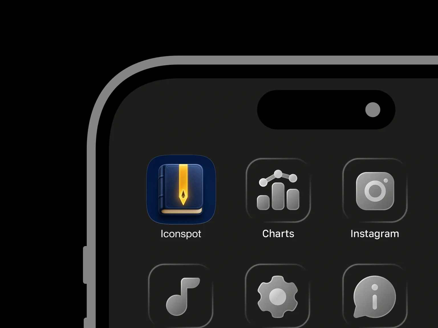 Closed dark blue hardcover book with cream page edges and a vertical glowing gold bookmark with a pointed tip and dark teardrop cutout. shown in an iPhone app grid