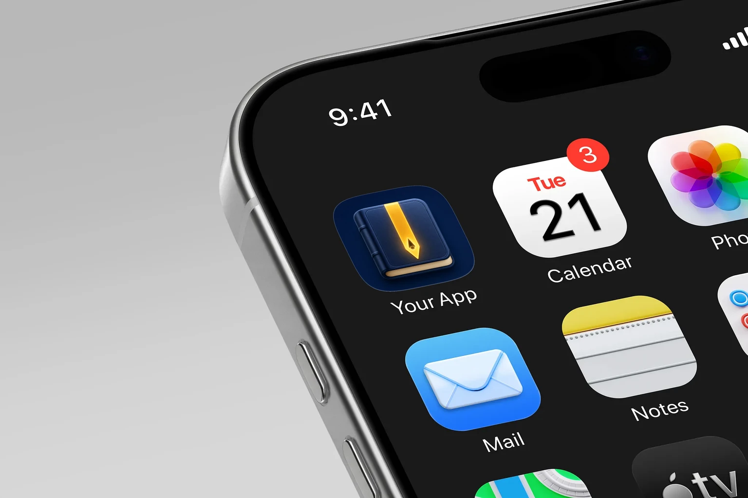 Closed dark blue hardcover book with cream page edges and a vertical glowing gold bookmark with a pointed tip and dark teardrop cutout. shown on an iPhone home screen
