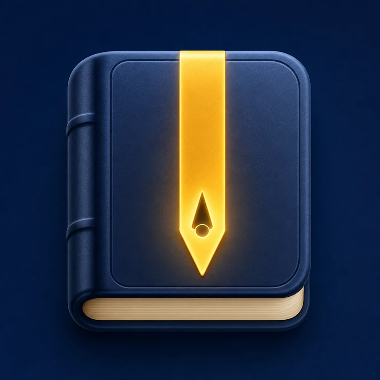 Closed dark blue hardcover book with cream page edges and a vertical glowing gold bookmark with a pointed tip and dark teardrop cutout.