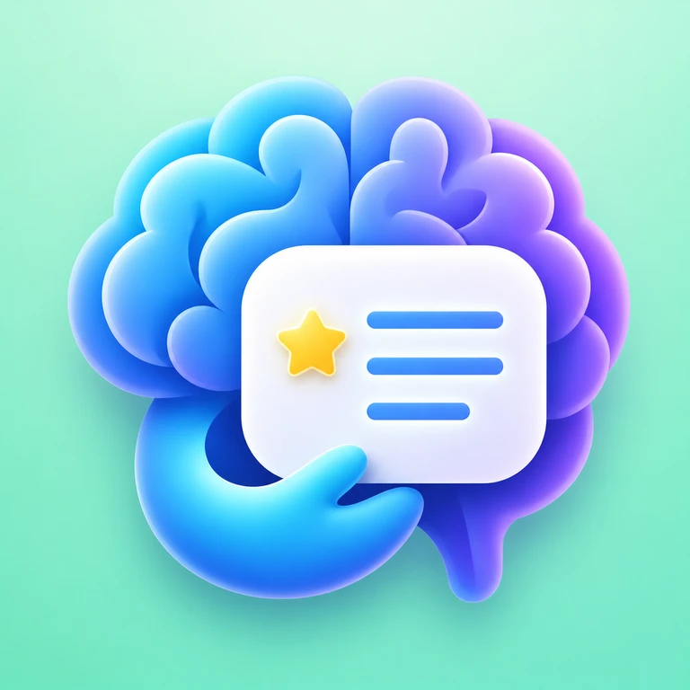Blue and violet stylized brain with a cyan hand holding a white evaluation card with a yellow star