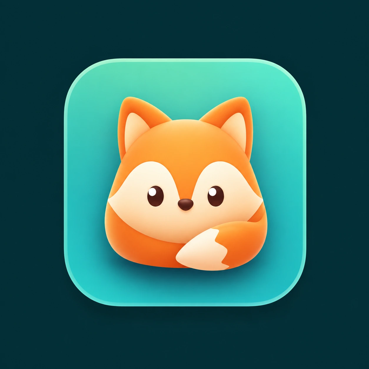 Friendly compact orange fox with a cream face and curled cream-tipped tail on turquoise original presentation artwork