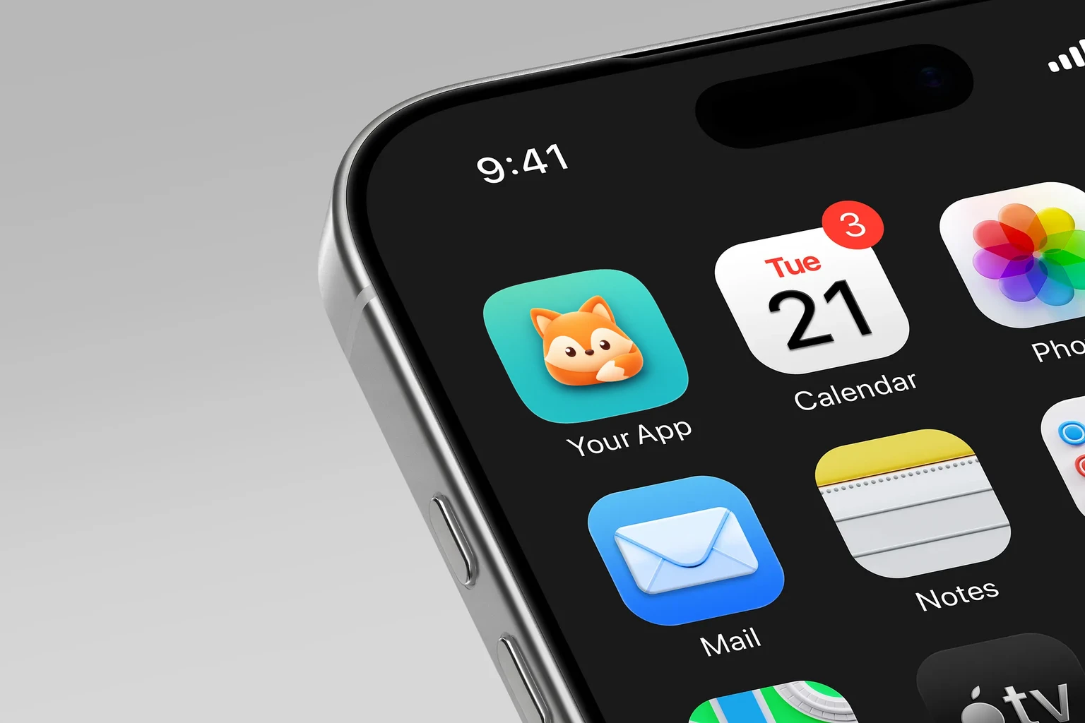 Friendly compact orange fox with a cream face and curled cream-tipped tail on turquoise shown on an iPhone home screen