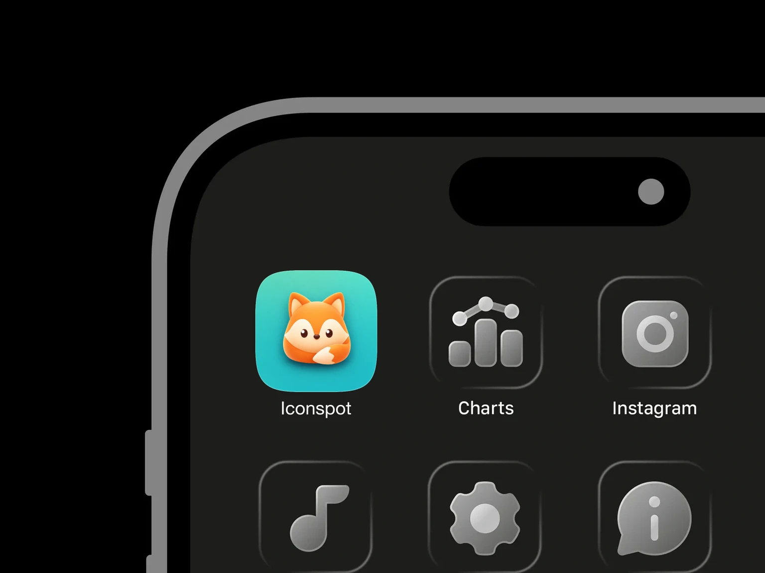 Friendly compact orange fox with a cream face and curled cream-tipped tail on turquoise shown in an iPhone app grid
