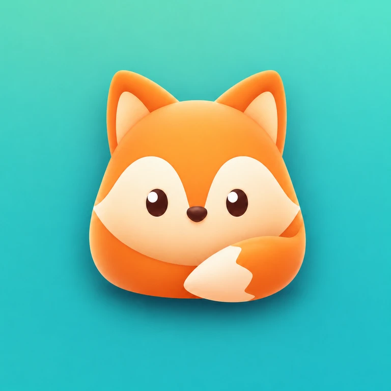Friendly compact orange fox with a cream face and curled cream-tipped tail on turquoise
