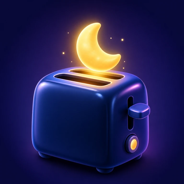 Glossy midnight-blue two-slot toaster with a side lever and amber button beneath a floating, glowing golden crescent moon.