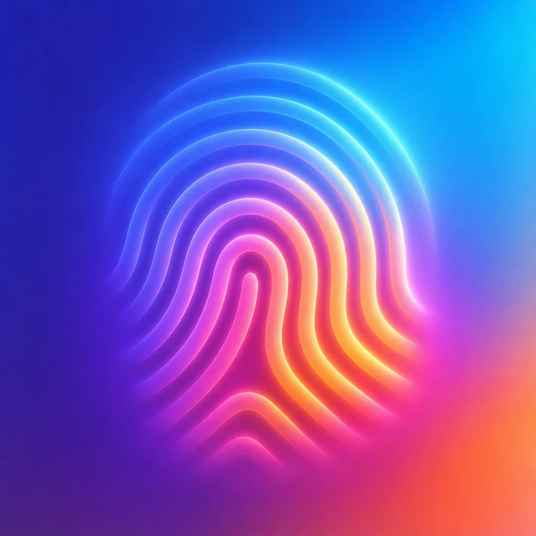 Glowing fingerprint made of curved blue, purple, pink, orange, and yellow lines on a gradient background